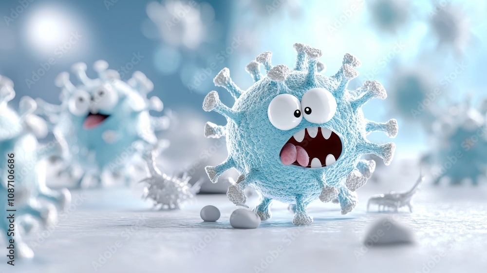Cartoon Flu Virus Character, vibrant and playful design, exaggerated expressions, ideal for engaging advertising content, spacious layout Cartoon Flu Virus Character, vibrant and playful design, exaggerated expressions, ideal for engaging advertising content, spacious layout