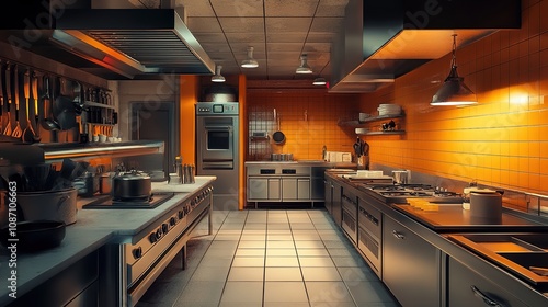 A photorealistic photograph of an empty restaurant kitchen at nigh
