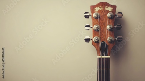Close-up of a wooden electric guitar headstock showcasing tuning pegs against a minimalist backdrop emphasizing its craftsmanship and design.