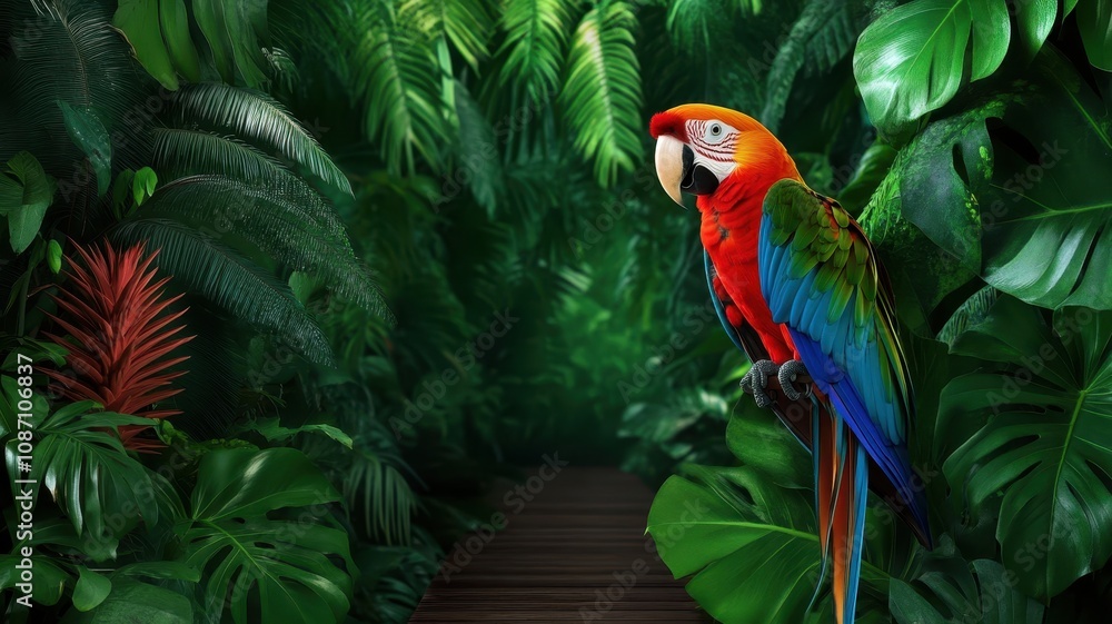 Fototapeta premium Lush tropical jungle path adorned with vibrant ferns, inviting exploration through nature's abundant greenery.