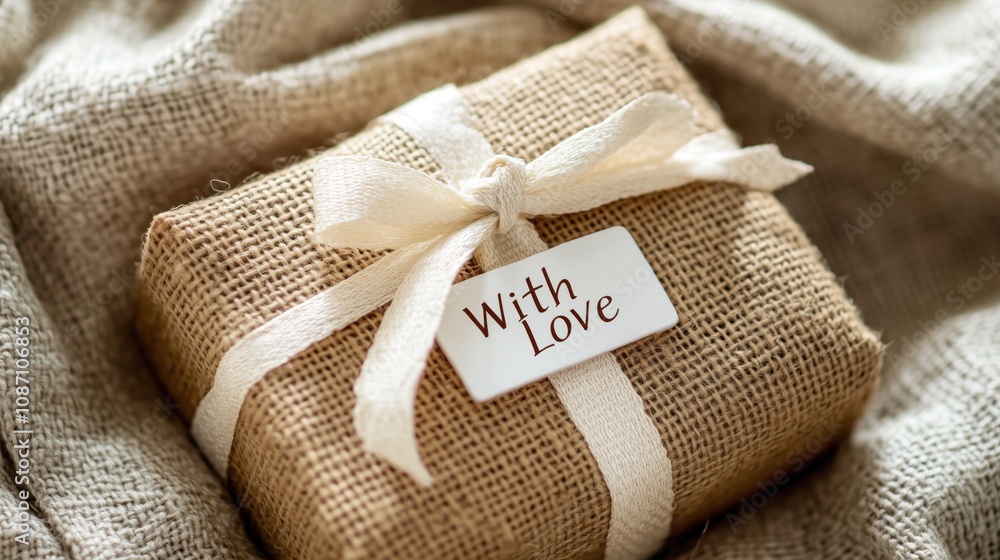 Elegant gift wrapped in burlap with a white ribbon and a Elegant gift wrapped in burlap with a white ribbon and a