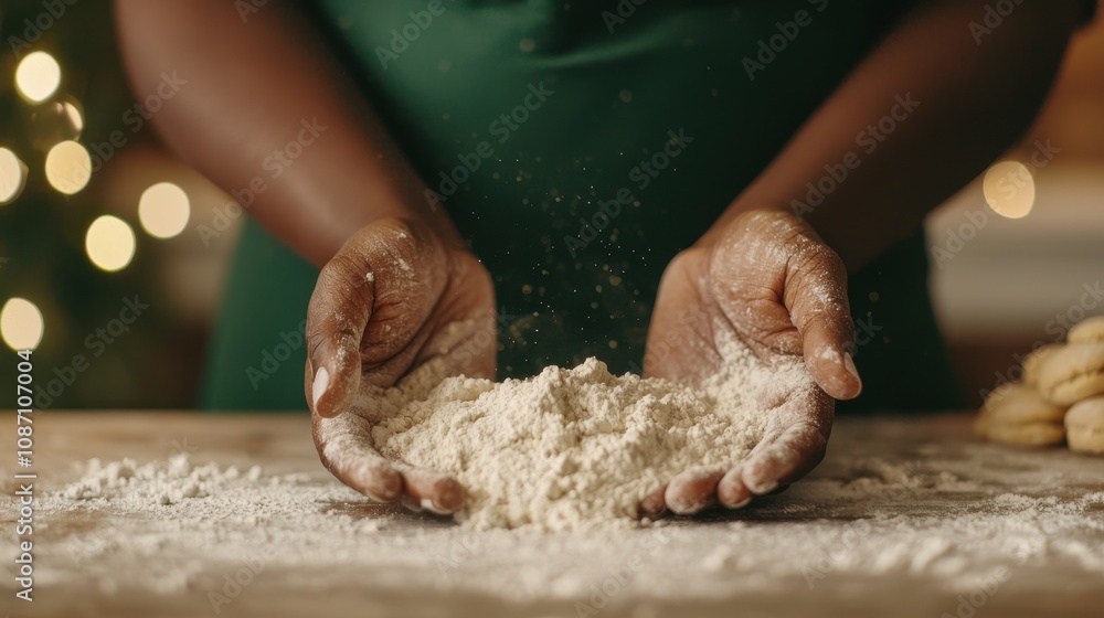 A person's hands hold flour, with a blurred background of festive lights, conveying a warm, cozy baking atmosphere. A person's hands hold flour, with a blurred background of festive lights, conveying a warm, cozy baking atmosphere.