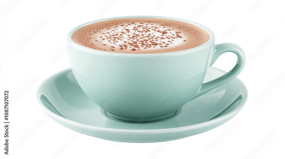 Pastel green cup filled with creamy cappuccino topped with cocoa dust on a pristine white background, perfect for coffee-themed designs and projects. Pastel green cup filled with creamy cappuccino topped with cocoa dust on a pristine white background, perfect for coffee-themed designs and projects.