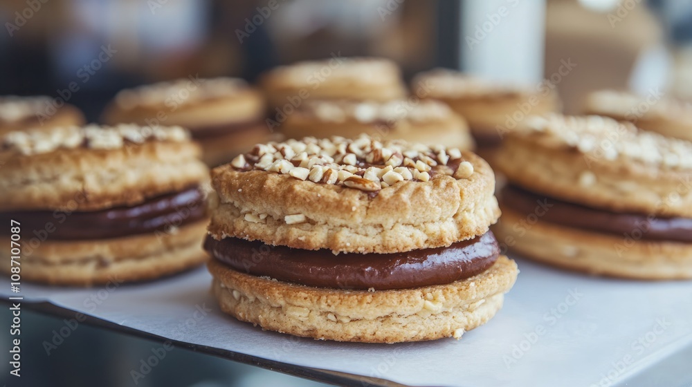 Closeup of delectable hazelnut cookie sandwiches featuring a rich chocolate filling, beautifully crafted for a delightful breakfast treat at a bakery. Closeup of delectable hazelnut cookie sandwiches featuring a rich chocolate filling, beautifully crafted for a delightful breakfast treat at a bakery.