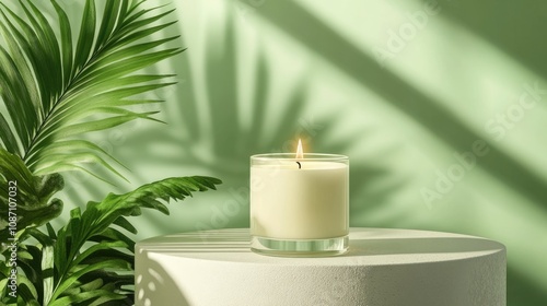 Minimalist composition of a softly glowing candle on a round pedestal surrounded by vibrant green foliage and gentle shadows.