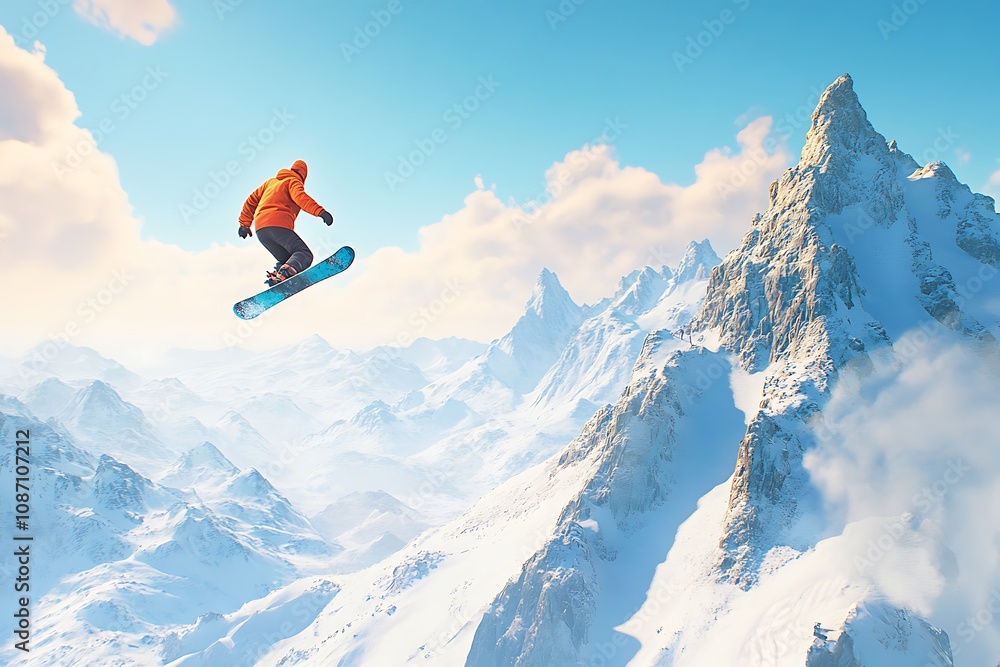 Snowboarder Soaring Over Majestic Winter Mountain Peaks Snowboarder Soaring Over Majestic Winter Mountain Peaks