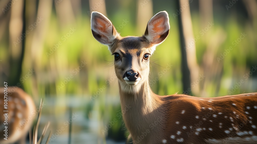 Alert young whitetail deer fawn with spots gazes at camera through marsh grass during summer, copy space Alert young whitetail deer fawn with spots gazes at camera through marsh grass during summer, copy space