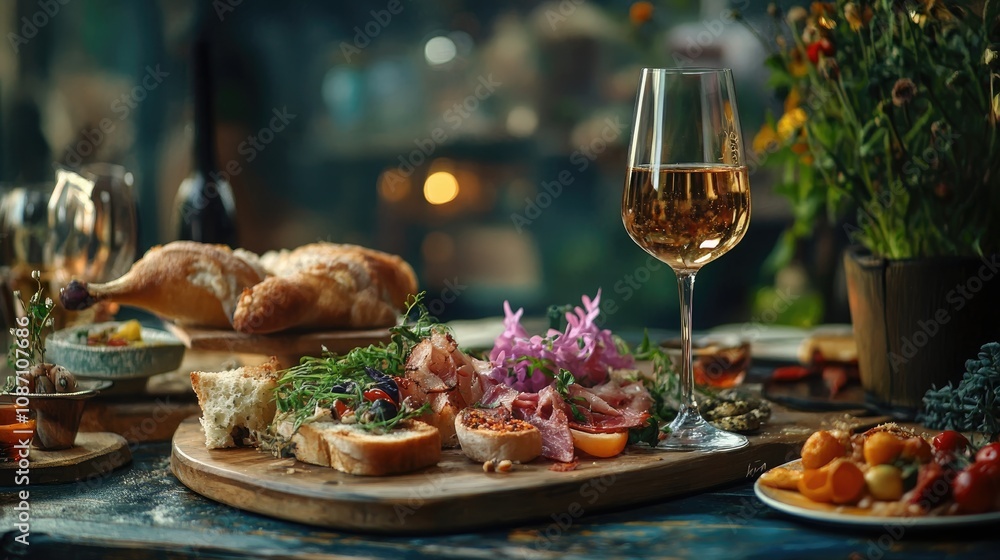 Elegant Italian cuisine spread on a rustic table featuring a glass of white wine, charcuterie, fresh herbs, and vibrant flowers, all in a vertical layout. Elegant Italian cuisine spread on a rustic table featuring a glass of white wine, charcuterie, fresh herbs, and vibrant flowers, all in a vertical layout.