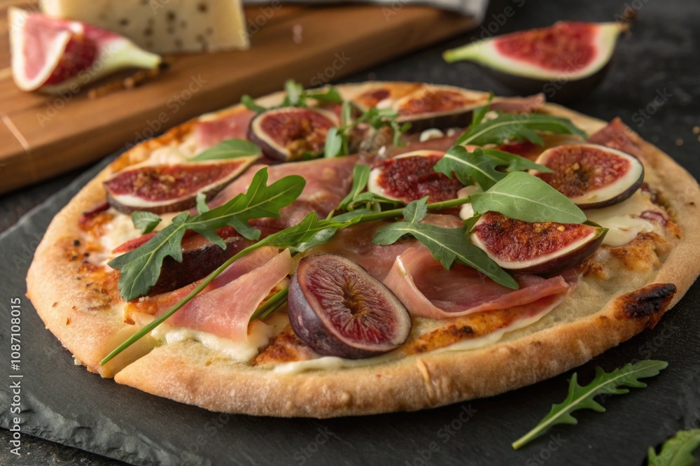 Gourmet fig and prosciutto pizza with arugula on stone slate Gourmet fig and prosciutto pizza with arugula on stone slate