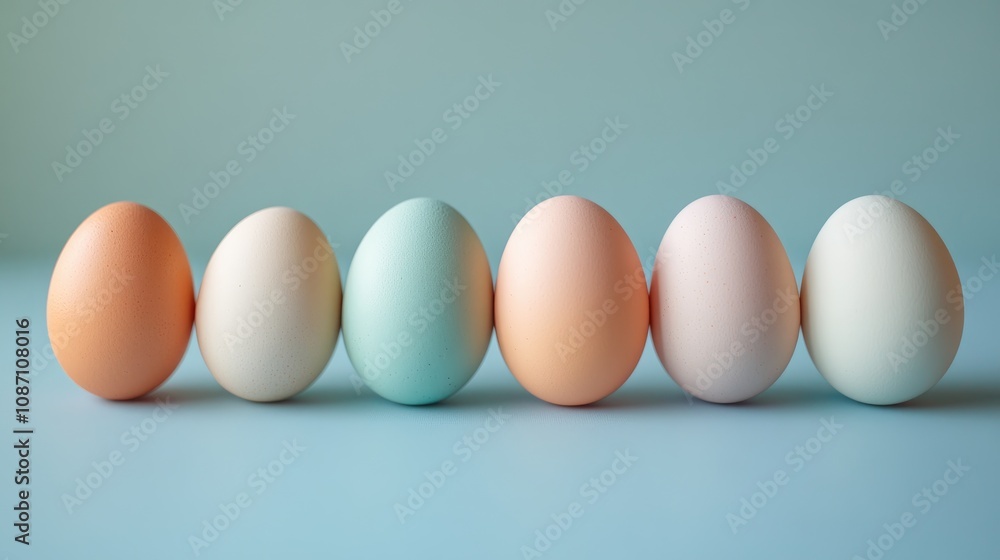 Pastel Easter eggs in shades of peach, mint, and cream lined up against a soft blue background, showcasing vibrant 2024 color trends. Pastel Easter eggs in shades of peach, mint, and cream lined up against a soft blue background, showcasing vibrant 2024 color trends.