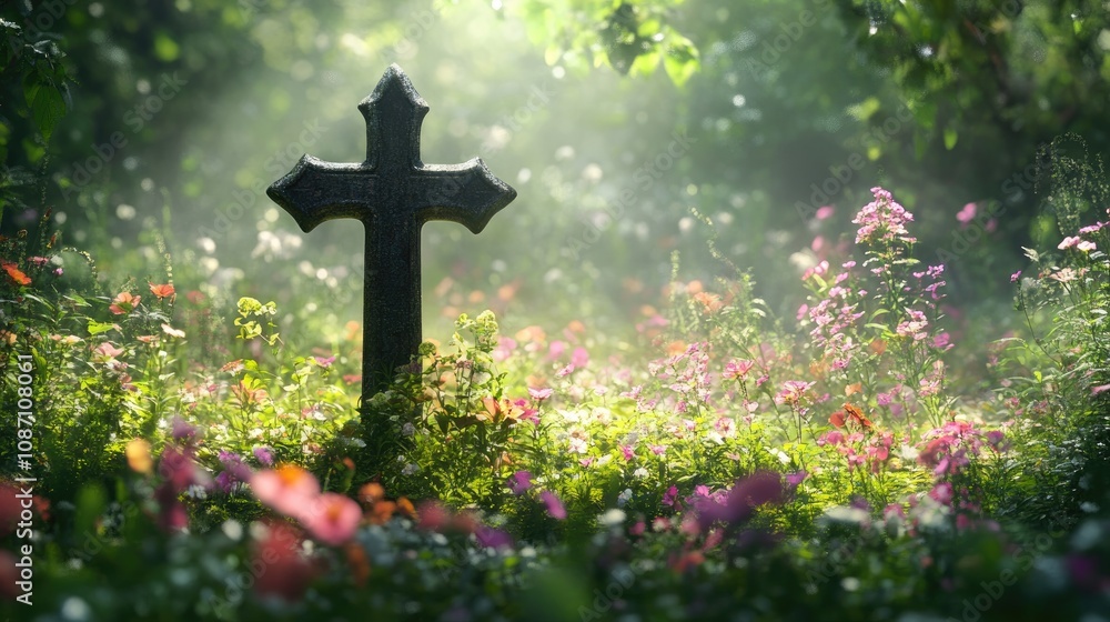 Mysterious Cross in a Blooming Meadow Illuminated by Soft Light, Surrounded by Colorful Wildflowers and Enveloped in Serenity Mysterious Cross in a Blooming Meadow Illuminated by Soft Light, Surrounded by Colorful Wildflowers and Enveloped in Serenity