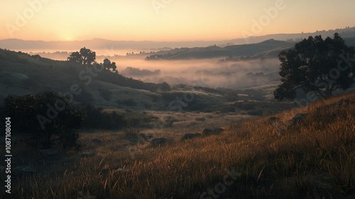 Misty Dawn: A Tranquil Sunrise Over Rolling Hills and Valleys