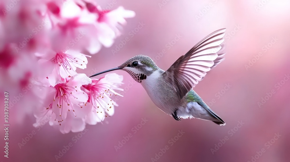 Naklejka premium A hummingbird hovering near pink cherry blossoms.