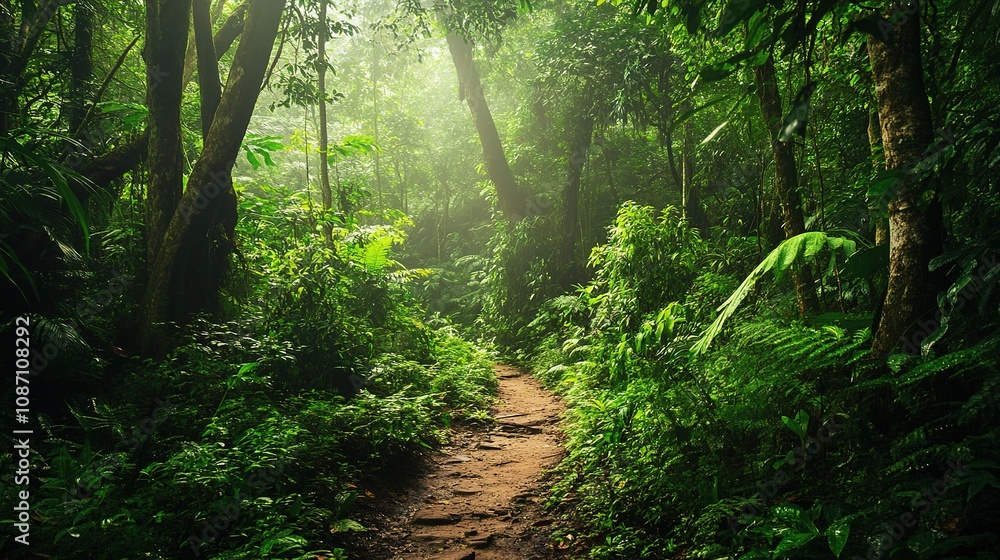 Obraz premium A dense jungle adventure destination, with adventurers trekking through vibrant green forests.