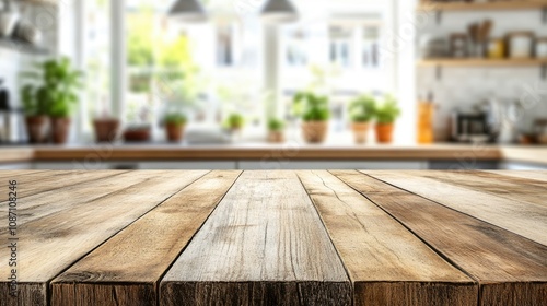 Rustic wooden kitchen table surface with a bright, blurred modern kitchen backdrop filled with plants, perfect for showcasing products.