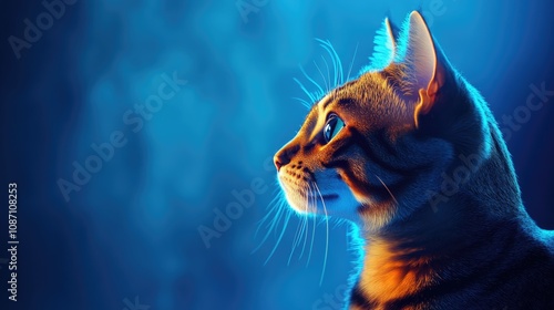 Bengal cat in profile, intently gazing at a laptop screen with a vibrant blue background, highlighting its striking features and expressive eyes.