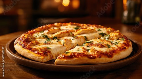 Wallpaper Mural Savory chicken and cheese pizza sliced on a wooden serving platter, garnished with herbs, exuding warmth and freshness, perfect for sharing. Torontodigital.ca