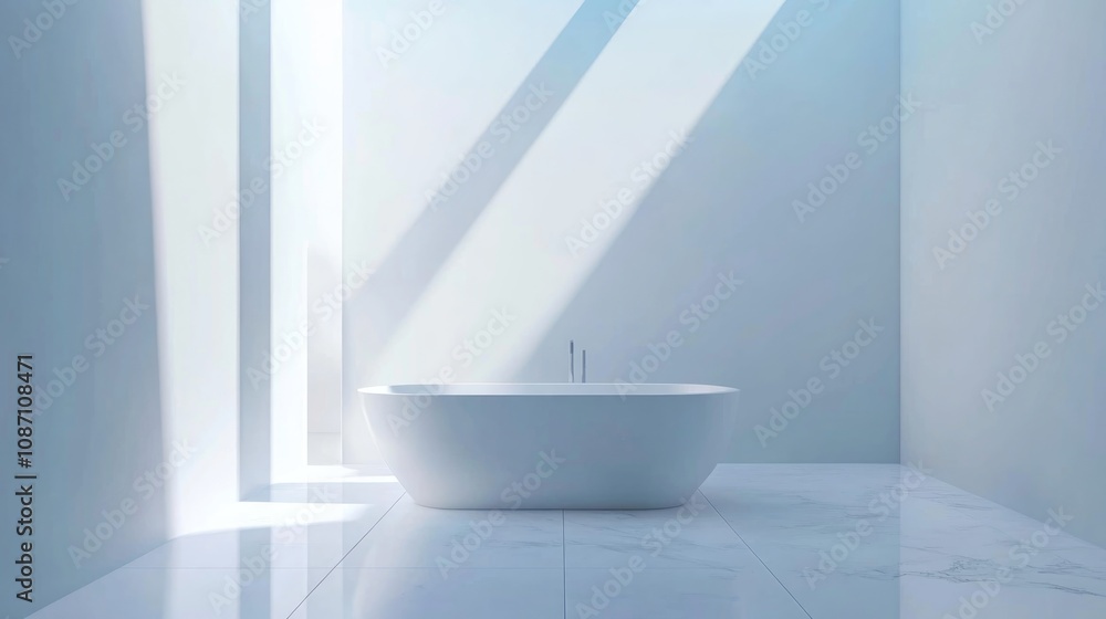 Serene minimalist bathroom with a freestanding white tub illuminated by soft natural light and sleek white walls reflecting a tranquil atmosphere. Serene minimalist bathroom with a freestanding white tub illuminated by soft natural light and sleek white walls reflecting a tranquil atmosphere.