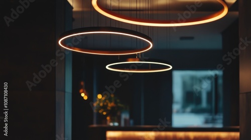 Stylish hotel lobby featuring circular hanging lights, creating a warm glow in a sleek, modern interior with a cozy, dimly lit ambiance. photo