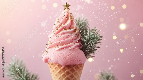 Pink ice cream cone resembling a festive tree, adorned with fluffy fir branches and sparkling gold accents against a soft pink background. photo