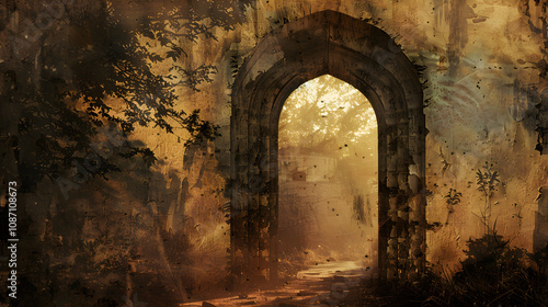 Golden Dawn's Embrace: An Ancient Archway, Time's Eternal Sentinel, Framing Stories Untold photo