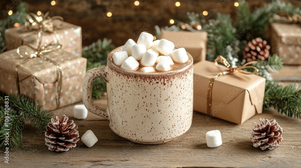 Warm winter setting with a speckled mug of hot cocoa topped with fluffy marshmallows, surrounded by wrapped gifts and pinecones on a wooden table. Warm winter setting with a speckled mug of hot cocoa topped with fluffy marshmallows, surrounded by wrapped gifts and pinecones on a wooden table.