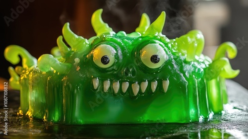 Gourmet Halloween-themed green gelatin dessert shaped like a monster, featuring spooky eyes, fangs, and tentacle-like details for a festive touch. photo