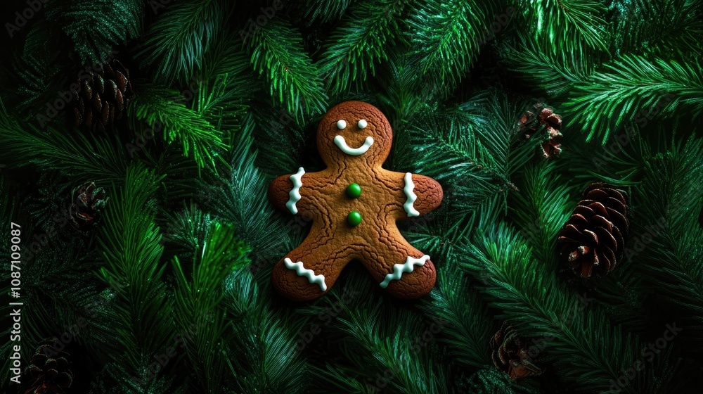 Minimalistic Christmas flat lay featuring a gingerbread man on a backdrop of evergreen branches, capturing a cozy winter holiday vibe. Minimalistic Christmas flat lay featuring a gingerbread man on a backdrop of evergreen branches, capturing a cozy winter holiday vibe.