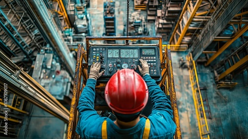 Construction Worker Operating a Control Panel in a High-Rise Building photo