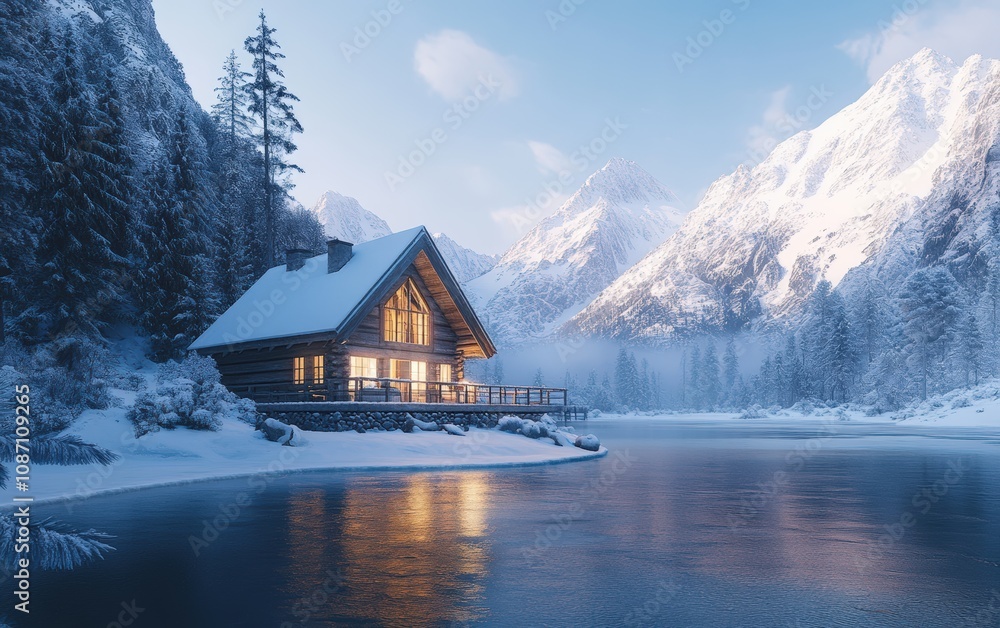 Fototapeta premium Cozy Alpine Winter Home: A single, modern cozy house perched on the edge of a frozen alpine lake, surrounded by towering snow-capped mountains.