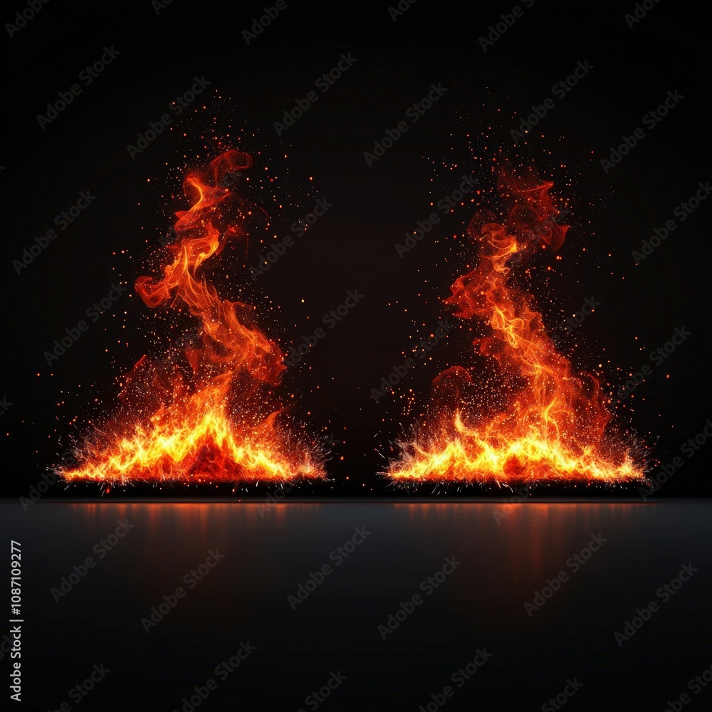 Fiery Flames on Dark Background, Double Exposure Fiery Flames on Dark Background, Double Exposure
