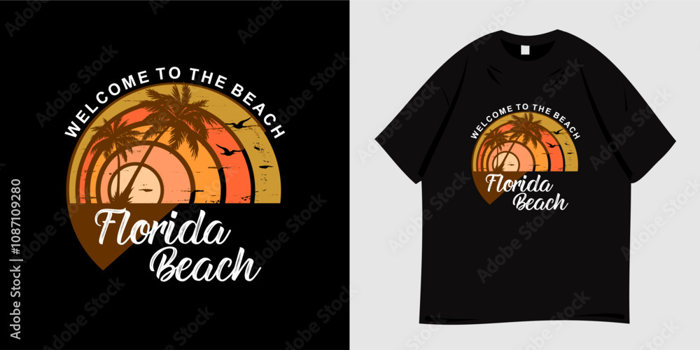 Summer graphic t-shirt design. Vector illustration of beach, paradise island, california, tropical, palm tree silhouette, sunset. Ready to print for poster, apparel, tee and clothes trendy style Summer graphic t-shirt design. Vector illustration of beach, paradise island, california, tropical, palm tree silhouette, sunset. Ready to print for poster, apparel, tee and clothes trendy style
