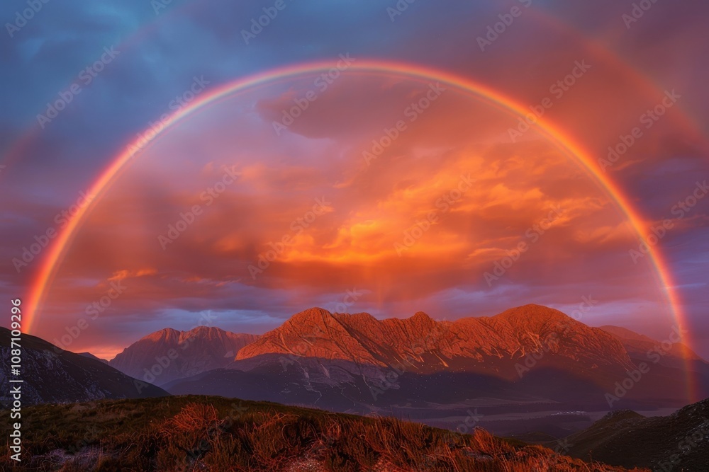 Rainbow Arches Over Mountains at Sunset Beautifully Rainbow Arches Over Mountains at Sunset Beautifully