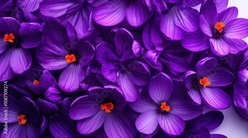 Vibrant cluster of fresh violet crocus flowers with striking orange centers, beautifully arranged on a pure white background.