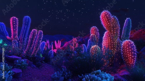 Vibrant neon cacti illuminated in a dark desert, creating a striking cyberpunk atmosphere under a starry sky. photo