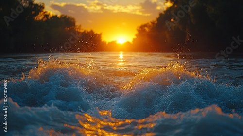 Morning River Waves, Aerial perspective of shimmering water, gentle ripples reflecting sunlight, serene and tranquil atmosphere photo