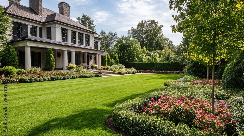Lush green lawn with vibrant flowerbed and neatly trimmed shrubs in a beautifully landscaped outdoor setting, showcasing manicured grass and serene ambiance. Lush green lawn with vibrant flowerbed and neatly trimmed shrubs in a beautifully landscaped outdoor setting, showcasing manicured grass and serene ambiance.