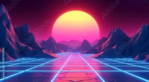  1980s retro-futuristic sci-fi aesthetic, featuring neon-lit landscapes, glowing grids stretching into infinity,generative ai