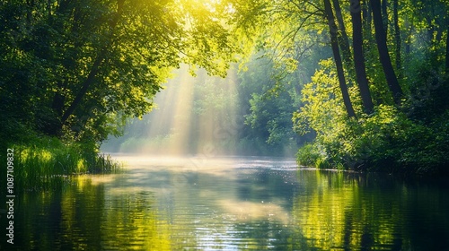 Serenity in Nature: Sunlight Filtering Through a Lush Forest by a Tranquil River