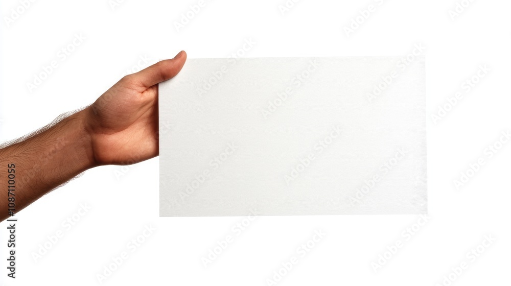 Hand presenting a blank sheet of paper against a white background, ideal for creating tickets, flyers, invitations, or promotional materials. Hand presenting a blank sheet of paper against a white background, ideal for creating tickets, flyers, invitations, or promotional materials.