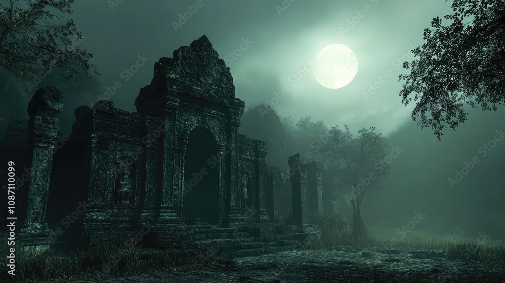Fototapeta premium Ancient temple shrouded in mist under a full moon, surrounded by ghostly trees, creating an eerie, mystical atmosphere.