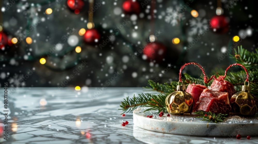 A table with a white marble top and a Christmas tree in the background. There are several red and gold ornaments hanging from the tree A table with a white marble top and a Christmas tree in the background. There are several red and gold ornaments hanging from the tree