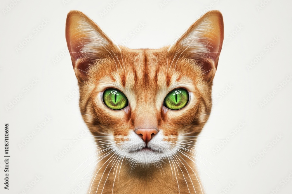 A close-up of a arabian mau cat's face with striking green eyes and orange fur. A close-up of a arabian mau cat's face with striking green eyes and orange fur.