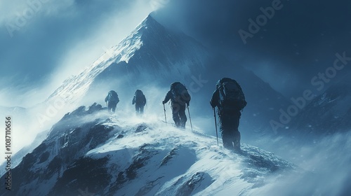 A group of mountaineers approaching a snowy summit, battling against harsh winds and cold conditions.
