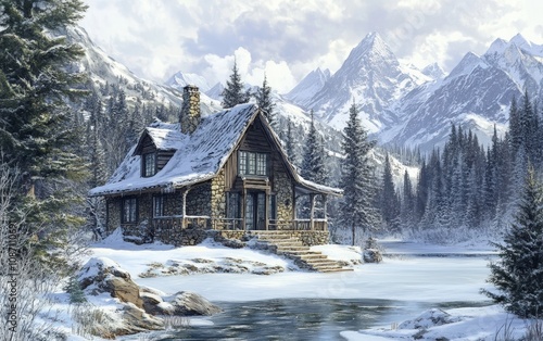 Classic Alpine Cottage: A traditional stone and wood cottage with frosted windows, perched by a frozen lake in a serene mountain valley, flanked by evergreen trees and rugged peaks photo