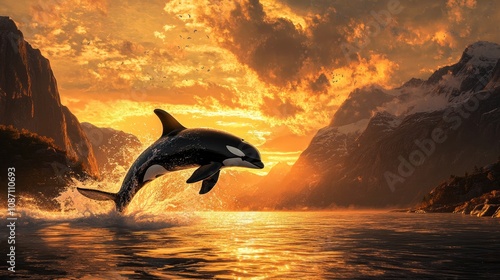 Orca whale leaping from ocean waves at sunset with dramatic fjord landscape and vibrant, colorful sky reflecting on the water's surface. photo