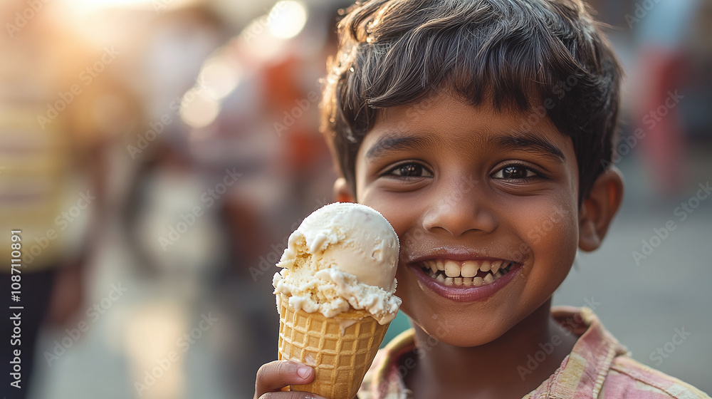 Smiling boy enjoying ice cream in a cone, captured outdoors in a vibrant street setting. A cheerful and sweet moment of childhood. Smiling boy enjoying ice cream in a cone, captured outdoors in a vibrant street setting. A cheerful and sweet moment of childhood.