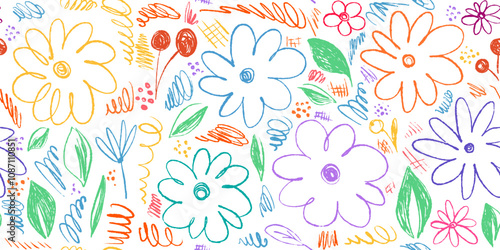 Doodle Seamless Pattern with Cute Flowers, Leaves and Berries. Simple grunge botanical background. One line chamomile flower. Children sketches scattered on a white background