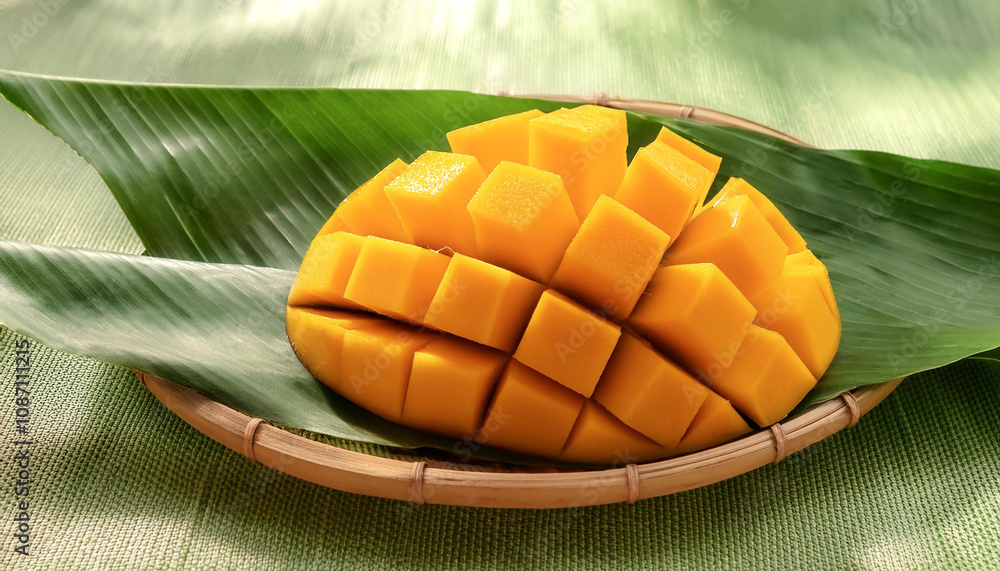 Ripe mangoes are sliced into cubes and placed on banana leaves Ripe mangoes are sliced into cubes and placed on banana leaves