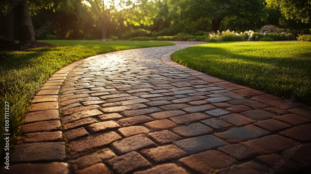 Curved pathway showcasing rustic paver brick flooring with vibrant colors, bordered by lush greenery and bathed in warm afternoon sunlight. Curved pathway showcasing rustic paver brick flooring with vibrant colors, bordered by lush greenery and bathed in warm afternoon sunlight.